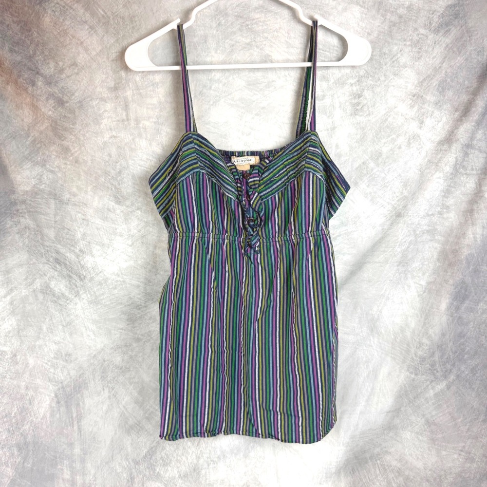 Arizona Jean Company Y2K Womens XL Striped Cami Top Cotton Ruffle Smocked